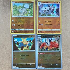 4 Pokemon Trading Cards - 2 sets Rockruff/Lycanroc & Makuhita/Hariyama